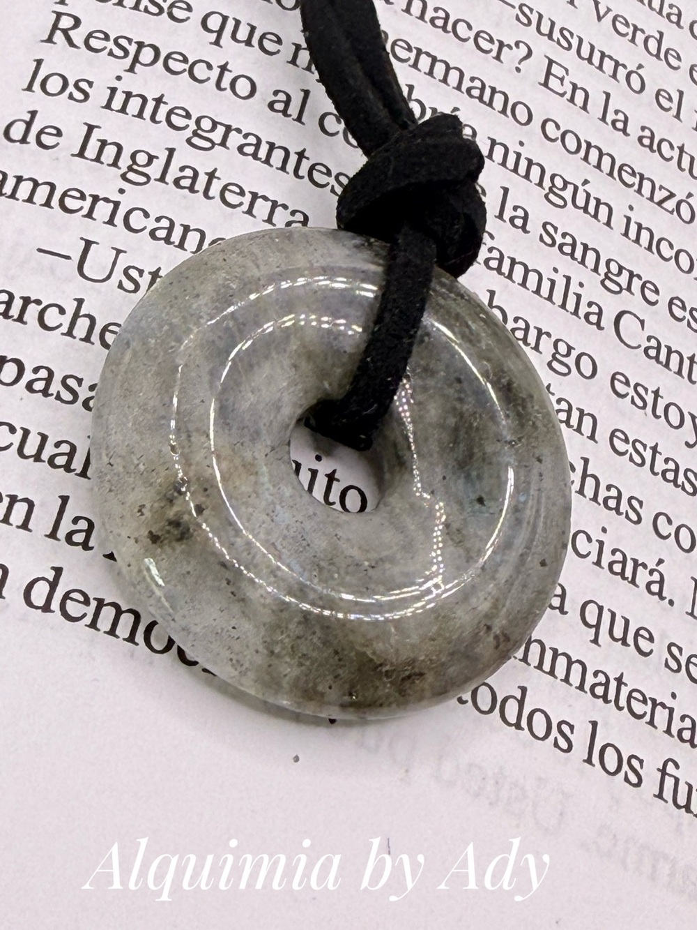 Gray- Flash labradorite Donut Pendant on Black  XL SUEDE Cord